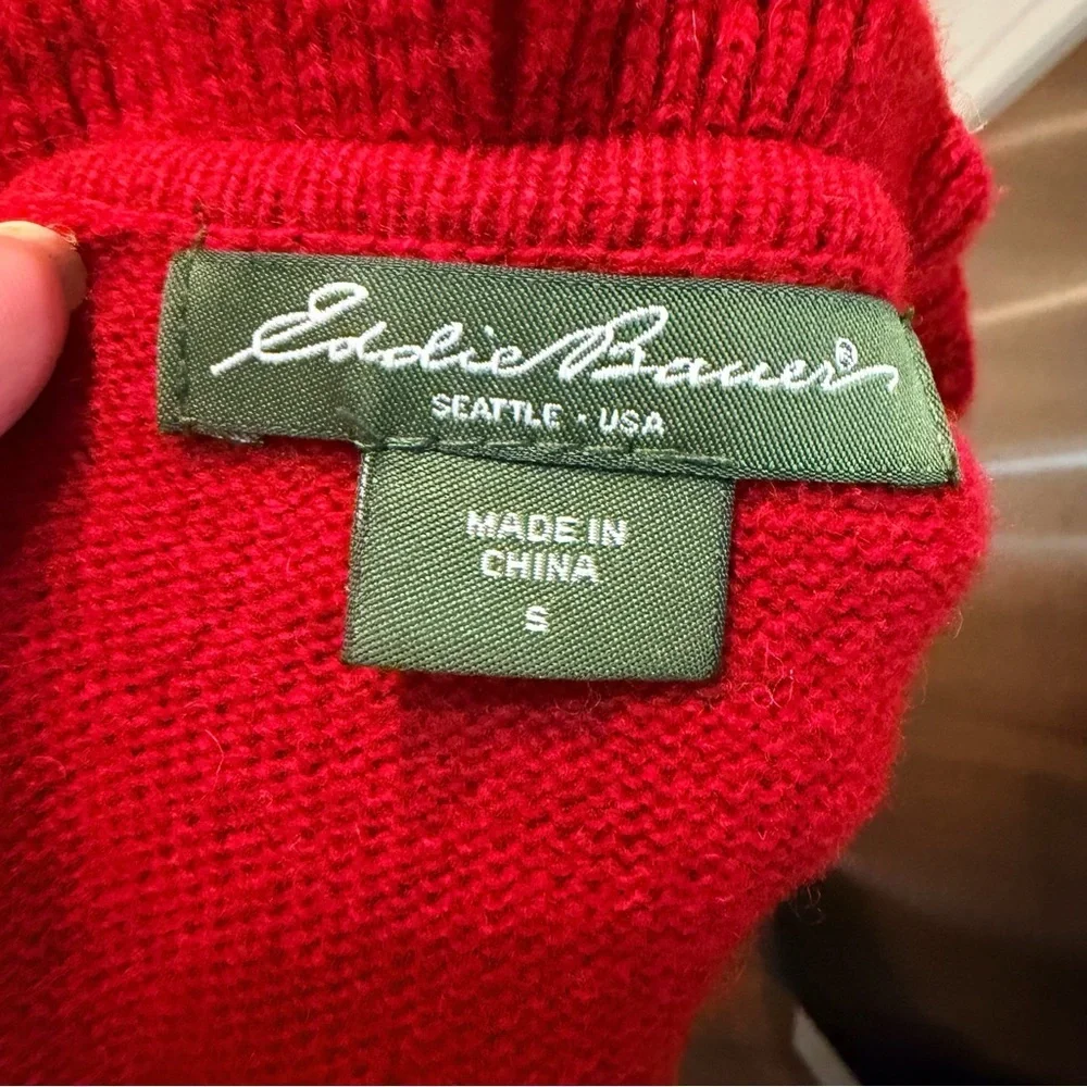 Eddie Bauer Button Front Lambs Wool Cardigan Sweater Size Small Red Fair Isle